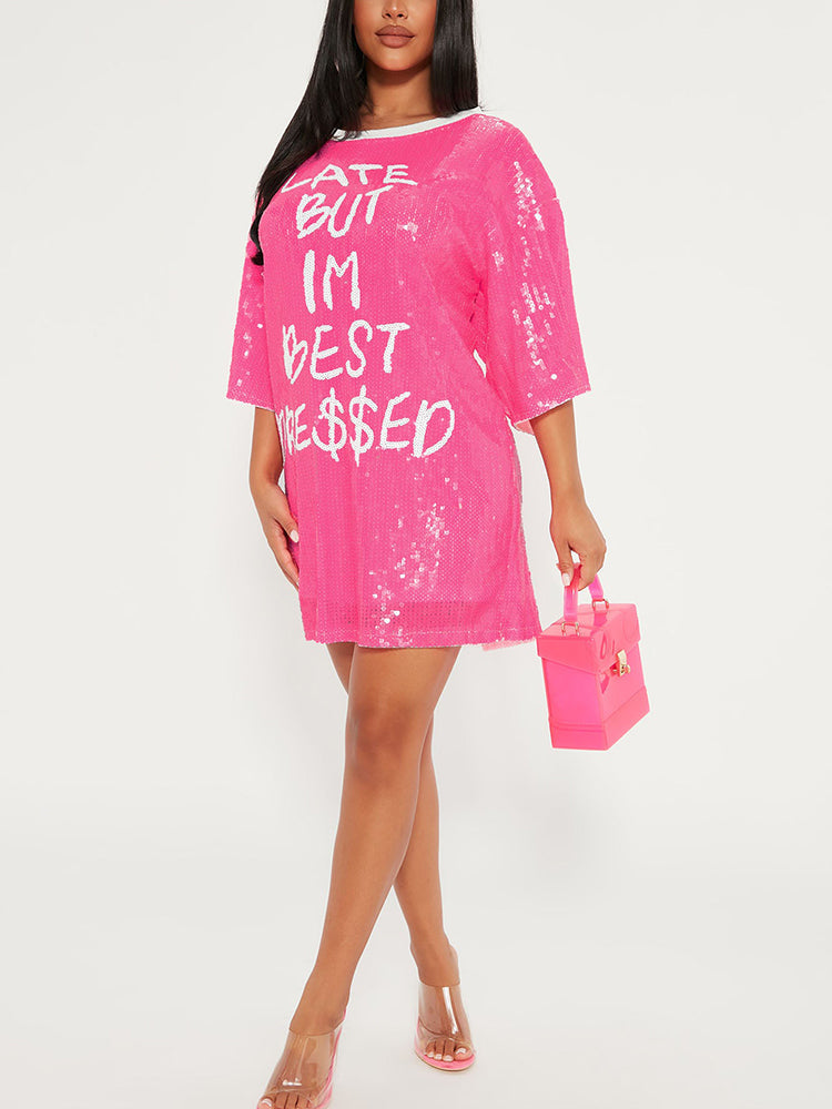 Sequin T-Shirt Dress with Geometric Print - View 38 | Lwiis