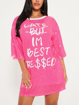 Sequin T-Shirt Dress with Geometric Print - View 37 | Lwiis