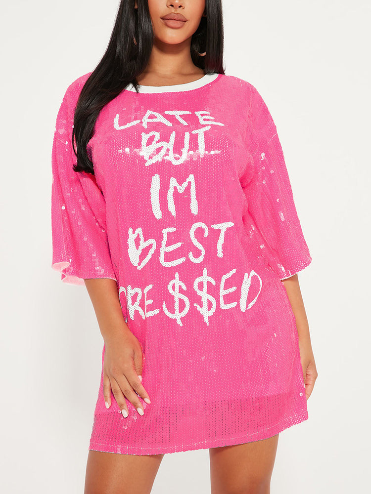 Sequin T-Shirt Dress with Geometric Print - View 37 | Lwiis