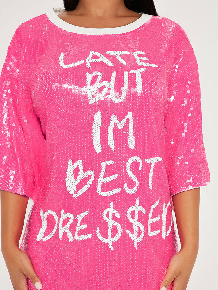 Sequin T-Shirt Dress with Geometric Print - View 39 | Lwiis