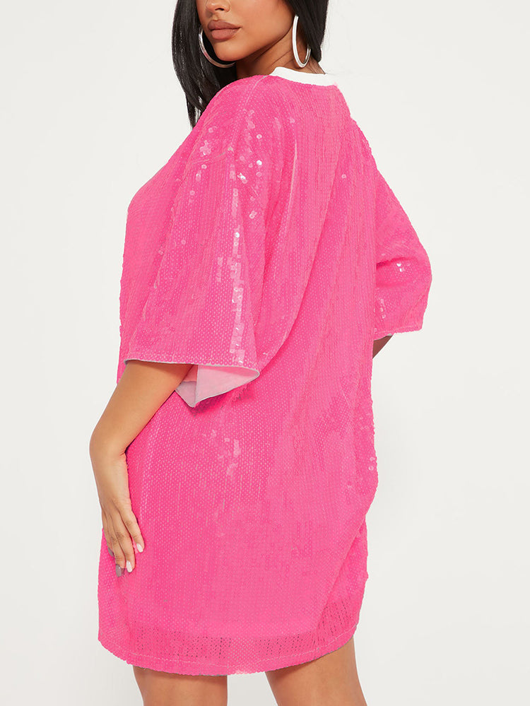Sequin T-Shirt Dress with Geometric Print - View 40 | Lwiis