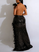 Sequin feather party dress with slit - View 9 | Lwiis