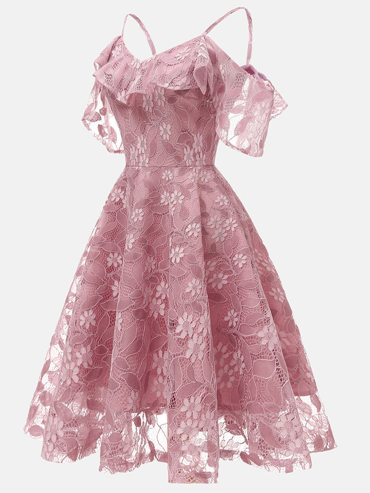 Side view of pink lace cold shoulder midi dress