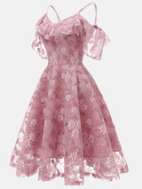 Side view of pink lace cold shoulder midi dress