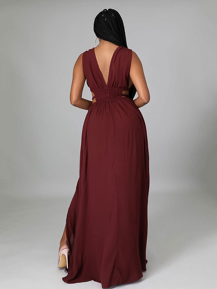 Sleeveless V-neck maxi dress with waist cut-outs and a high slit - View 9 | Lwiis