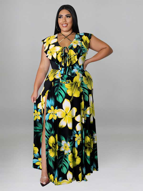 Floral maxi dress with ruffle sleeves and lace-up neckline - View 9 | Lwiis