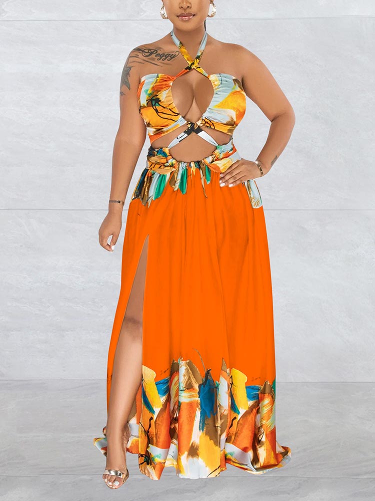 Abstract Print Halter Maxi Dress - View 7 | Lwiis