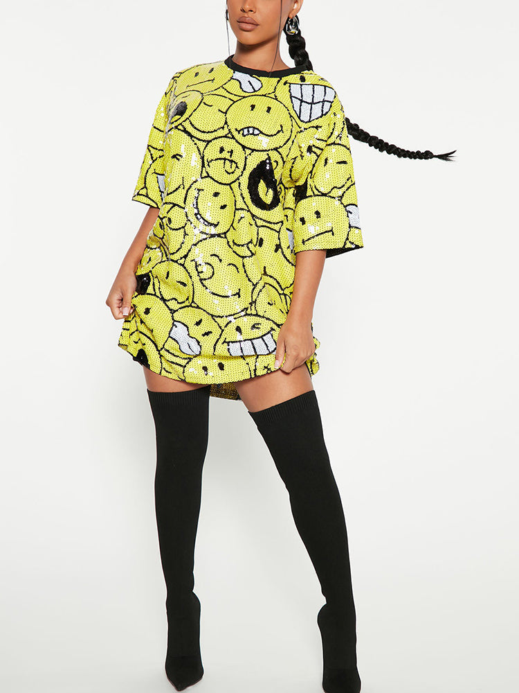 Sequin T-Shirt Dress with Geometric Print - View 25 | Lwiis
