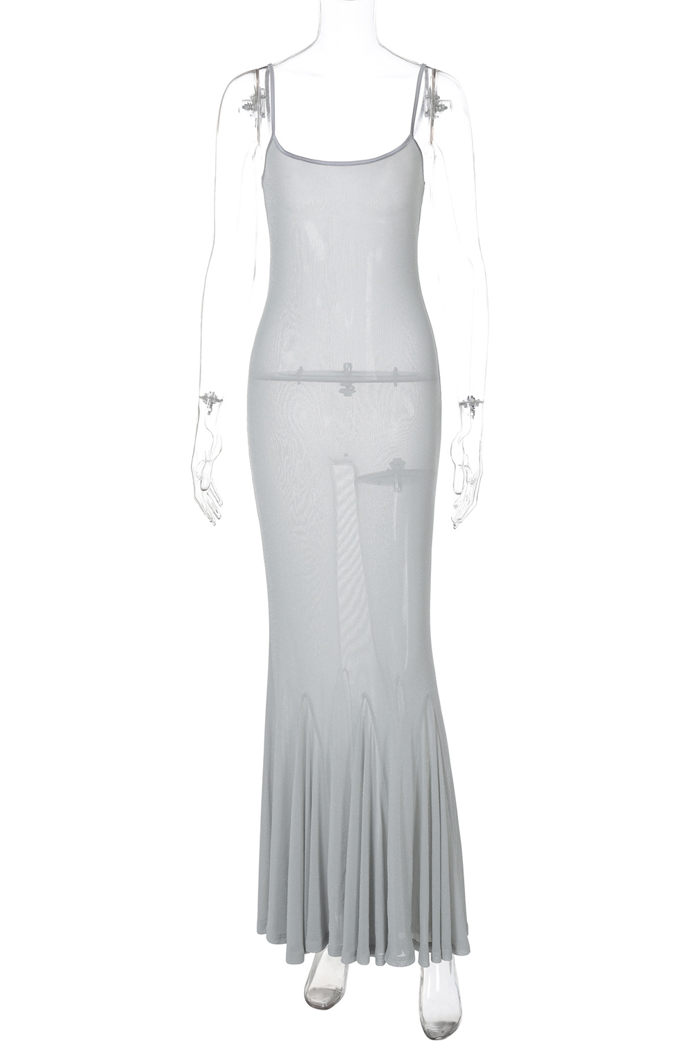 A sheer silver maxi dress displayed on a mannequin.