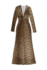 Deep V Neck Long Sleeve Leopard Print Bodycon Maxi Dresses - LightBrown