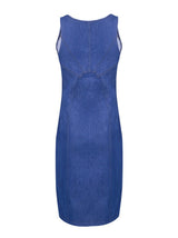 Rear view of a blue denim midi dress with a fitted silhouette and visible stitching details.