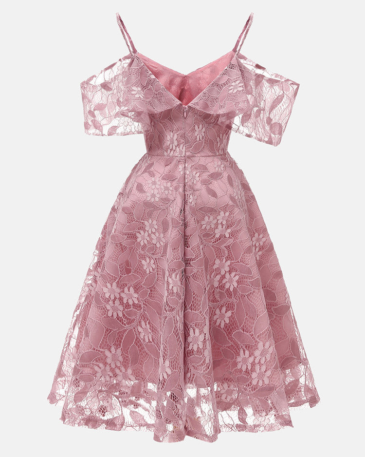 Back view of pink lace cold shoulder midi dress