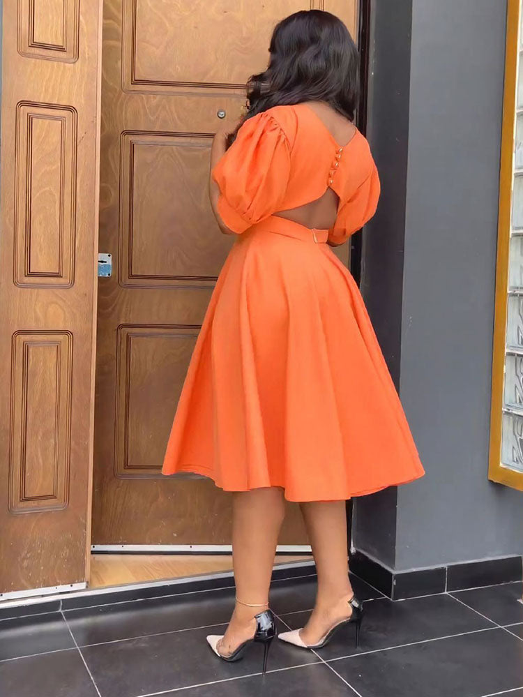 Puff Sleeve Cut-Out Back Dress - View 6 | Lwiis