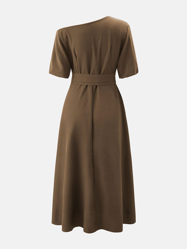Oblique Neckline Maxi Dress with Belt - View 12 | Lwiis