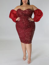 Sequin Midi Dress with Puff Sleeves - View 18 | Lwiis