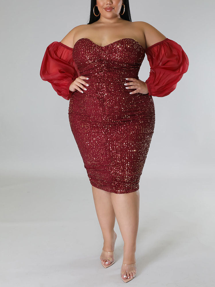 Sequin Midi Dress with Puff Sleeves - View 18 | Lwiis