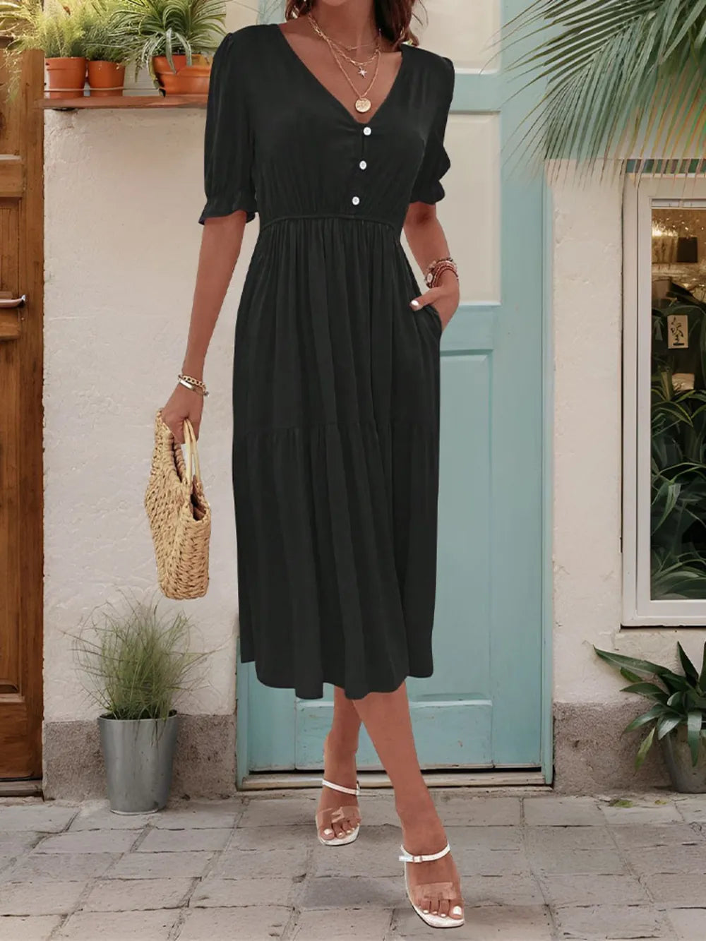 V-neck midi dress with puff sleeves - View 8 | Lwiis