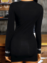 Back view of the black long-sleeved bodycon mini dress.