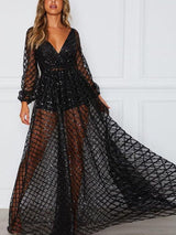 Woman in a long, sheer, sparkling black dress with long sleeves and a V-neck, posing indoors.