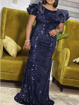 Sequin fishtail maxi dress with patchwork sleeves - View 7 | Lwiis