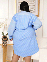 Striped button shirt midi dress with collared neckline and belted waist - View 9 | Lwiis