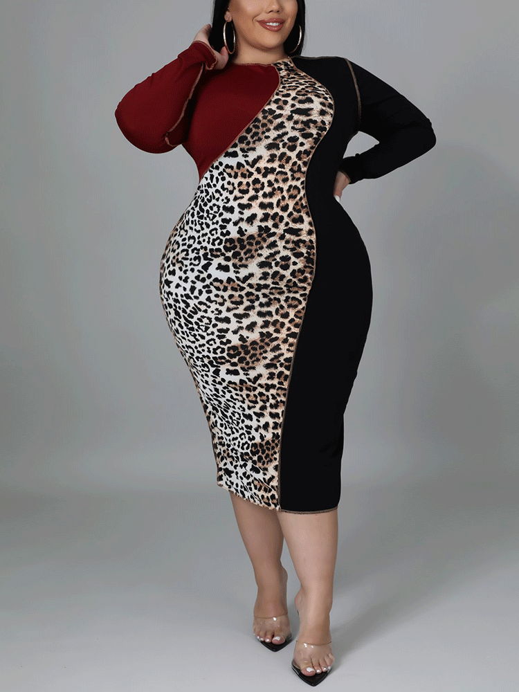 Front view of a plus size woman in a color-block and leopard print midi dress