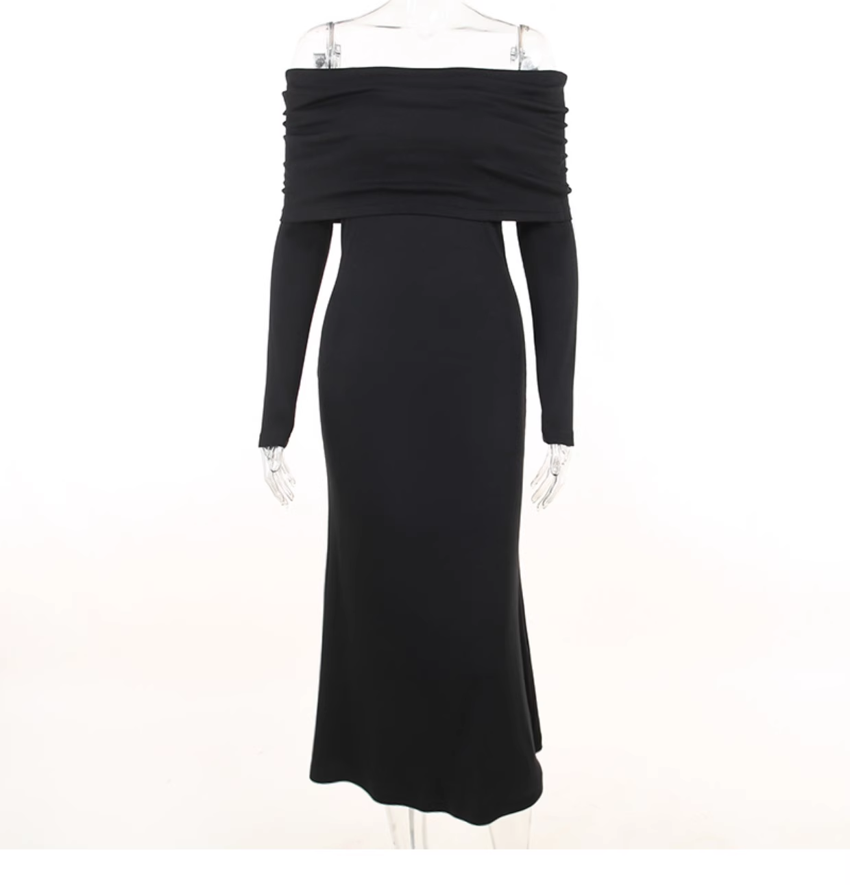 Full view of black off-the-shoulder dress with long sleeves