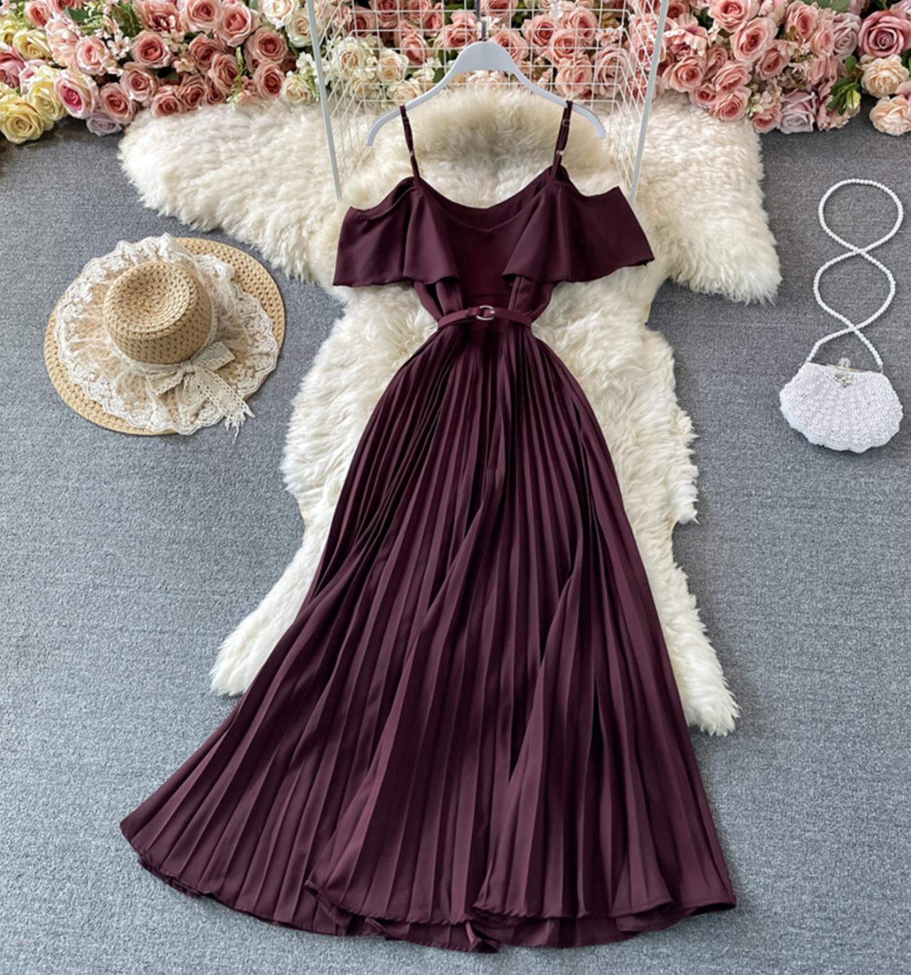 Burgundy off-the-shoulder pleated dress with spaghetti straps and belt