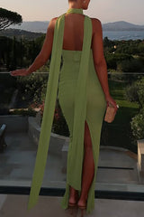 Rear view of a woman in a lime green halter maxi dress with a tie-front detail and high slit, showing the open back.