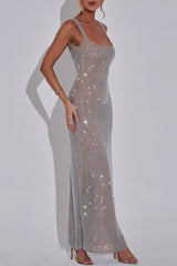 Silver rhinestone embellished sheer mesh column maxi dress with open back and square neckline - View 7 | Lwiis