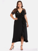 Plus-size burgundy V-neck wrap dress with sequined bodice and ruffle hem