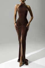 woman in a brown halter neck gown with ruching and a high slit