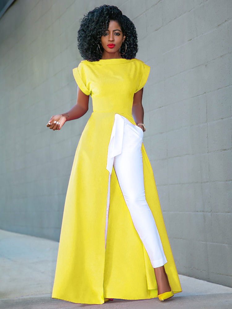 Solid high split maxi dress with boat neckline and cap sleeves - View 9 | Lwiis