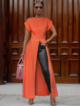 Solid high split maxi dress with boat neckline and cap sleeves - View 11 | Lwiis