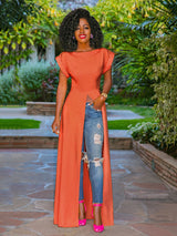 Solid high split maxi dress with boat neckline and cap sleeves - View 10 | Lwiis