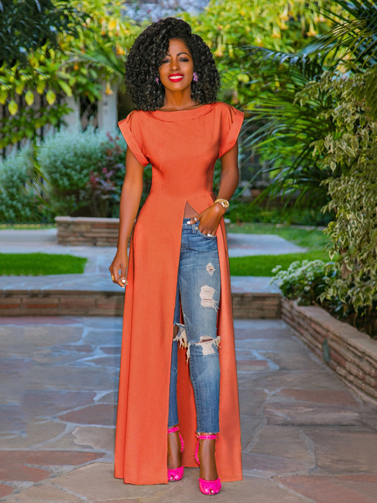 Solid high split maxi dress with boat neckline and cap sleeves - View 10 | Lwiis