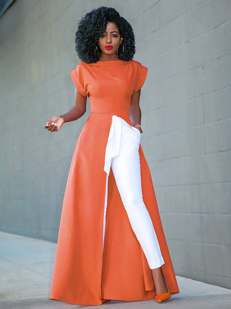 Solid high split maxi dress with boat neckline and cap sleeves - View 12 | Lwiis
