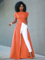 Solid high split maxi dress with boat neckline and cap sleeves - View 12 | Lwiis