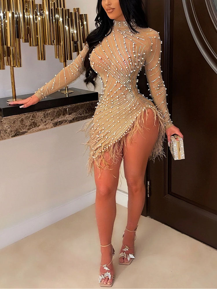 Feather Trim Rhinestone Mini Dress - View 24 | Lwiis