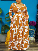 Cow Print Maxi Dress with V-Neck and Long Sleeves - View 14 | Lwiis