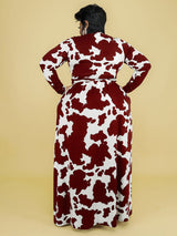 Cow Print Maxi Dress with V-Neck and Long Sleeves - View 6 | Lwiis