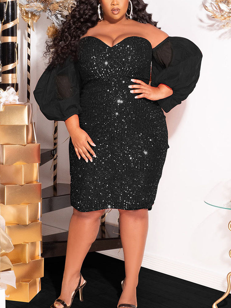 Sequin Midi Dress with Puff Sleeves - View 8 | Lwiis