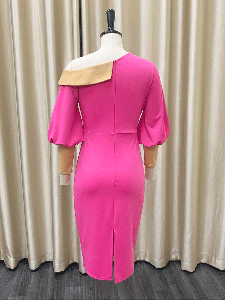 One Shoulder Midi Dress with Puff Sleeves - View 13 | Lwiis