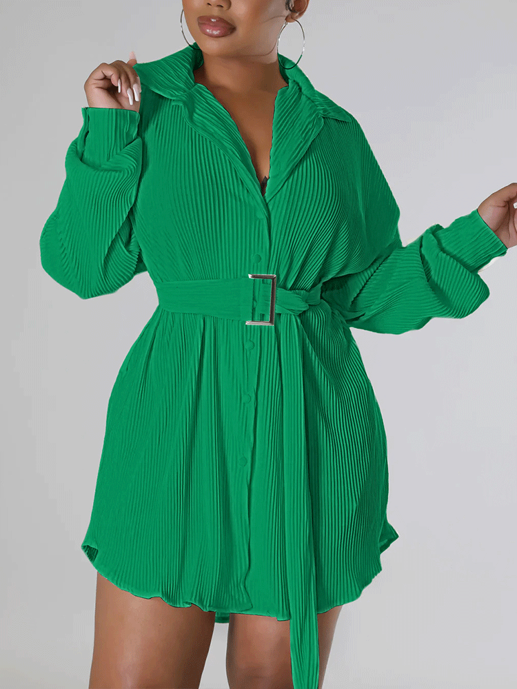 Close-up of the front of a black pleated shirt dress