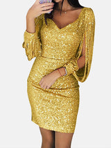 gold sequin dress with fringe sleeves