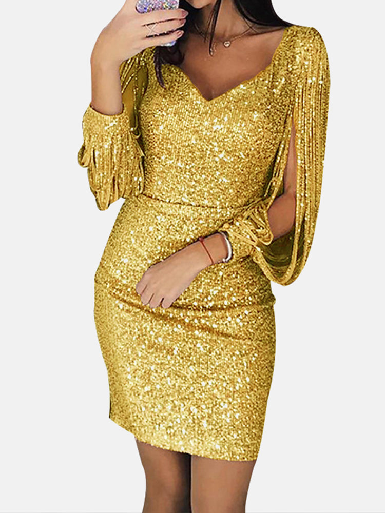 gold sequin dress with fringe sleeves