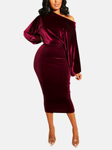woman in a burgundy velvet off-the-shoulder midi dress with balloon sleeves, full body shot