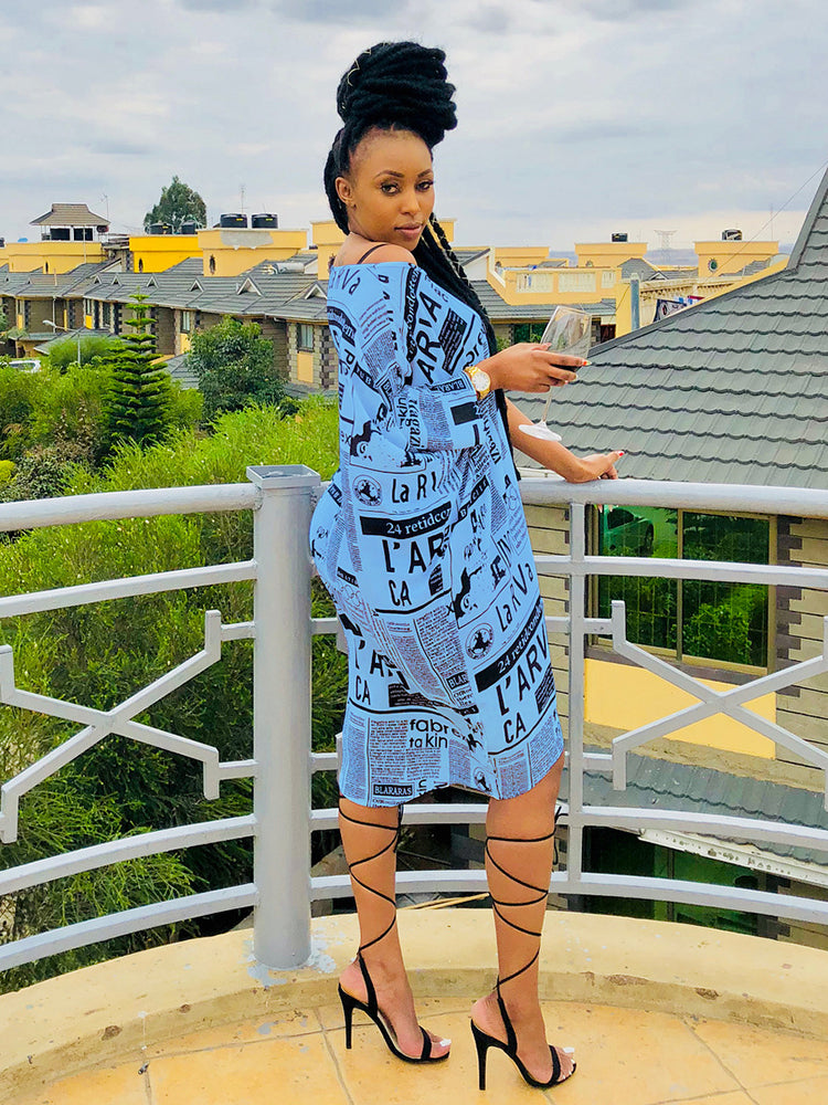 Newspaper print midi dress with asymmetrical neckline - View 6 | Lwiis