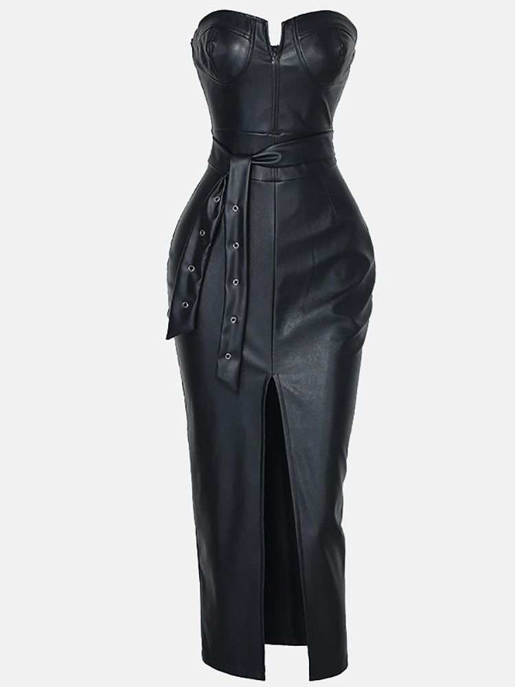 front view of a black faux leather strapless sheath dress with a belt and slit
