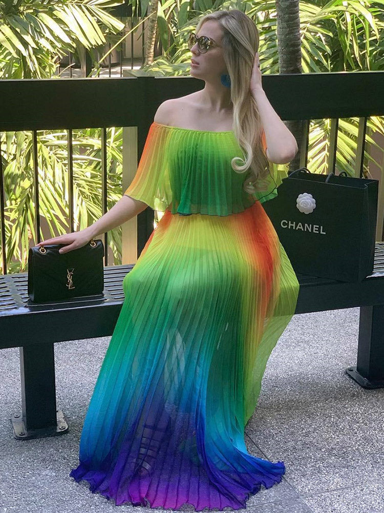Off shoulder ombre pleated maxi dress - View 9 | Lwiis